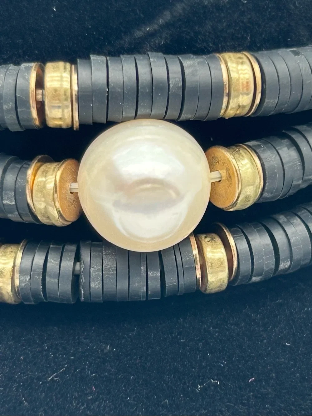 Vintage 3 Pc Rubber Heishi bead Black and Gold Pearl Stretch Bracelet